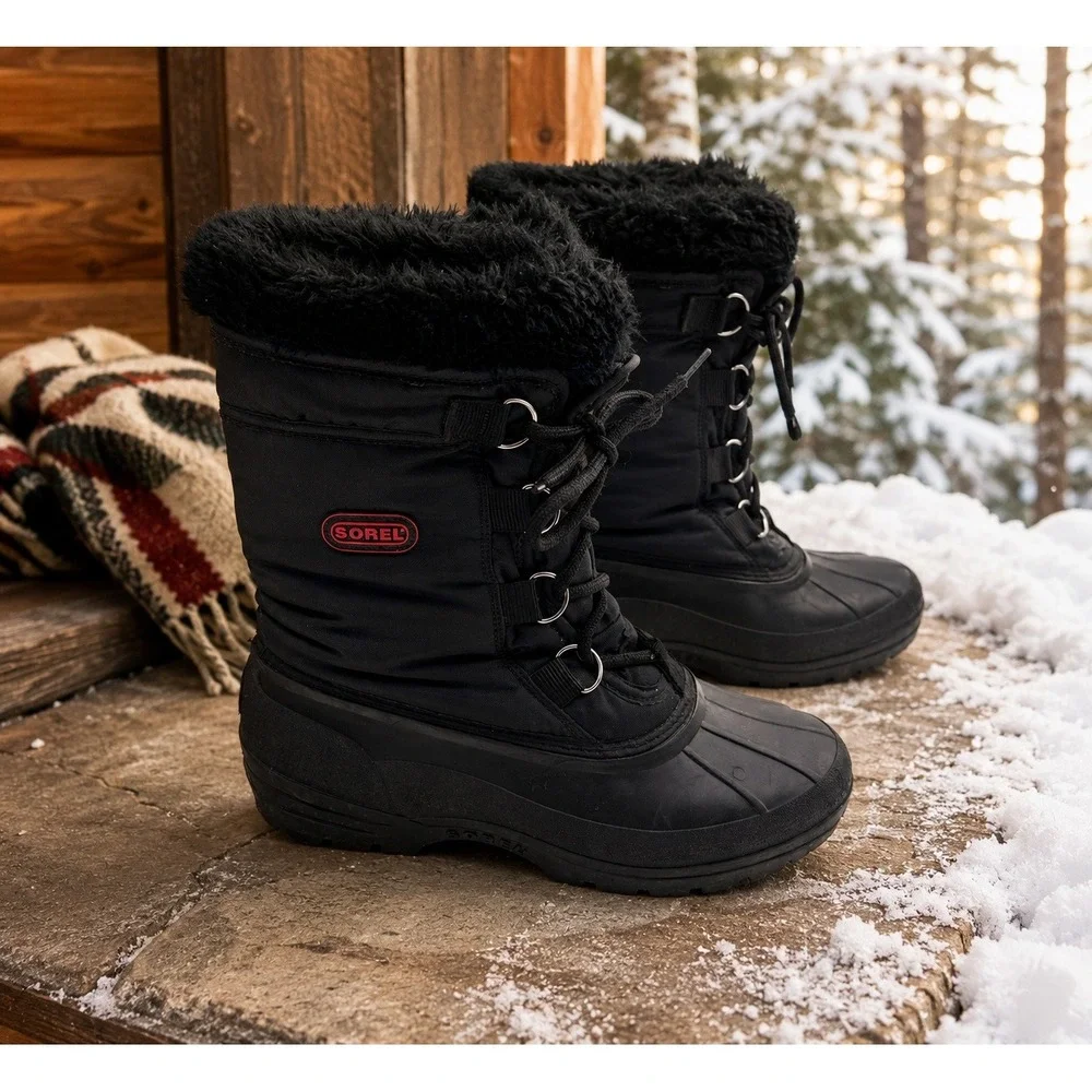 Sorel Winter Carnival Black Nylon Faux Fur Snow Boots Womens 9 Made in Canada